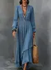 Vestido Longo Feminino Europeu e Americano Transfronteiriço Cor Sólida Decote V Boêmio Irregular Babado Chiffon Manga Longa