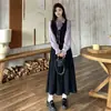 Vestido de duas peças falsas plus size com blocos de cor tie-dye, gola polo para mulheres, primavera e outono, vestido longo de alta qualidade estilo francês evasê