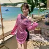 Traje de baño de manga larga protector solar para mujer talla grande, estilo coreano, adelgazante y favorecedor de la figura, conjunto de tres piezas, cobertura de bikini para vacaciones en la playa