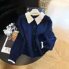 Elegante cárdigan de punto con cuello polo de estilo francés y bloques de color para mujer, nuevo top de manga larga para otoño e invierno