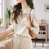 Traje Deportivo Casual de Waffle Transfronterizo para Mujer Primavera y Otoño Estilo Nuevo Sencillo Sudadera de Manga Larga con Solapa y Pantalones Dos Piezas