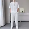 Traje casual de verano de dos piezas cómodo y transpirable para hombre, pantalones largos elásticos de manga corta, estilo chino, versátil y de corte holgado