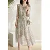 Vestido longo floral, vestido francês de manga curta, design único, novo vestido de comprimento médio para mulheres do verão de 2026