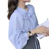 Camisa Nova Estilo Primavera e Outono com Gravata Borboleta Francesa para Mulheres, Camisa Interna Chique com Cadarço, Top Azul de Camadas de Alta Qualidade