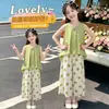 Conjunto de Camiseta Sem Manga Boneca para Meninas Estiloso Fashionável 2026 Novidades Meninas Grandes Calça Wide-Leg de Bolinhas Infantil Fina Tendência