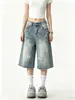 Diseño Retro Salpicaduras de Tinta Azul Lavado Mezclilla Shorts de Longitud Media para Mujer Verano Nuevo Cintura Alta Pierna Ancha Casual Versátil Pantalones de Cinco Puntos