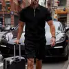 Verano Nuevo Estilo Europeo y Americano Transfronterizo Camisa Polo Casual para Hombre Color Sólido Cuello con Cremallera Manga Corta Conjunto