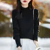 Nuevo suéter pullover de punto jacquard para mujer de principios de otoño con cuello con volantes, calados de encaje, lana fina y cuello semi-alto.