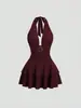 Vestido Curto Sexy Europeu e Americano Transfronteiriço 2026 com Decote em V Profundo, Costas Nuas, Fivela de Argola Metálica, Ajuste na Cintura, Saia Curta com Babados Dupla Camada