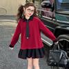 Vestido de Princesa Estilo Preppy de Primavera para Meninas Mais Velhas Primavera e Outono Novo Cor Pura Laço Personalizado Manga Longa Saia A-Line Tendência