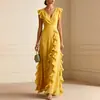 Ropa de Verano para Mujer 2026 Transfronteriza Europea y Americana Nuevo Estilo Elegante Color Sólido Cuello en V Cintura Ceñida Vestido con Volantes