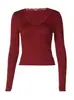 Roupas Femininas Transfronteiriças Europeias e Americanas 2025 Inverno Novo Renda Decote V Mangas Compridas Tops Moda Casual Cor Pura Camiseta Slim para Mulheres