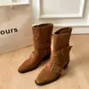 Botines únicos de altura media con diseño retro, botines de tobillo estilo western coreano nuevos de punta para mujer 2026, modernos y que realzan la altura