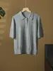Tricô com gola polo de linho e cashmere para mulheres, estilo vintage old money, elegante camisa de manga curta com gola de lapela