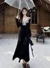 Vestido Preto Decote V Estilo Francês para Mulheres, Novo Modelo de Início de Outono, Vestido Longo de Corte Justo