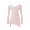 Atuendo de mujer coreana estilo deseo puro espalda descubierta ceñidor de cintura manga larga un hombro vestido falda corta irregular plisada ajustado