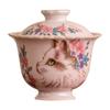 Tazón cubierto con pie alto, patrón de gato floral, boca de flor, de la Manufactura Ru Kiln, Taza de té de cerámica Ru rosa, Individual con tapa para preparar té, Juego de té grande para mujer