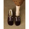Estilo Universitário Retrô Camélia Tira em T Mary Jane Sapatos Pequenos de Couro Bico Redondo Mais Pelúcia Sapatos de Pelo Mulheres