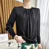 26 Camisa Pulôver de Seda Acetato Plissada de Manga Longa com Gola Redonda de Verão, Roupa Base Feminina Elegante e Simples