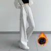 Pantalones de Trabajo Estilo Americano con Forro de Polar, Nuevos Pantalones Deportivos Casuales de Pierna Recta para Primavera, Pantalones Rojos de Pierna Ancha Adelgazantes de Cintura Alta para Mujer