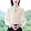Foto Real da Nova Blusa de Chiffon com Laço e Gola Alta de Manga Longa para Mulheres, Estilo Outono 2026, Camisa Base Elegante, Camisa Emagrecedora
