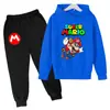 Sudadera con Estampado de Dibujos Animados Mario 2025 para Niños, Conjunto de Manga Larga, Primavera, Niños y Niñas, 2 Piezas Pantalón + Sudadera con Capucha