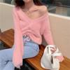 Tricô Curto Branco Sexy Discreto com Decote em V e Cordão Estilo Coreano 2025 Nova Coleção Inverno