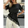 Amazon Verano Europeo y Americano Nuevo Elegante Top Negro con Encaje de Moda Empalmado y Dobladillo Irregular Manga Corta