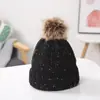 Novo chapéu de lã com pompom de pelo de guaxinim de cores mistas para moda feminina outono e inverno, chapéu de tricô quente, chapéu simples estilo coreano em formato de cúpula