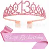 Corona de Cumpleaños Dulce Linda Tiara de Fiesta para Niños Correa de Hombro con Cinta Decoración Diadema de Diamante Rosa Corona de Primer Cumpleaños