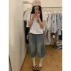 Estilo Coreano Verano Nuevos Pantalones Cortos de Mezclilla de Trabajo para Mujer Sueltos Adelgazantes Versátiles Retro Lavados Pantalones Falda de Pierna Ancha