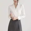 Camisa Blanca sin Cuello para Mujer, Top de Trabajo Antiarrugas, Estilo Otoño, Elegante, Gasa, Cuello en V, Profesional, Manga Larga