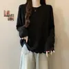 Coleção de outono nova plus size: Camiseta feminina estilosa, de manga longa, gola redonda e corte solto, que valoriza a silhueta, com detalhes em renda