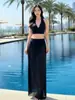 Maiô Longo de Renda Liso com Gola Halter e Fenda Feminino Peça Única Fada Sexy Costas Nuas Cintura Alta Maiô para Fonte Termal