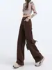Jeans de Pana Forrados de Lana Color Café Maillard de Pierna Ancha para Mujer 2025 Invierno Nuevo Cintura Alta Versión Estrecha Aspecto Holgado Adelgazante Pantalones Rectos