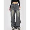 Calça Jeans Cargo de Bolso Múltiplo Americano Plus Size para Mulheres, Nicho de Designer Solta Emagrecimento Perna Larga Comprimento Total