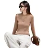 Camiseta de manga longa de algodão puro transfronteiriça para mulheres, primavera e outono, blusa base versátil de corte justo, top feminino simples e elegante, fabricante atacadista