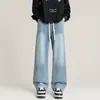 Jeans Americano Tendência Outono 2026 com Lavagem Desgastada, Cordão e Cintura Elástica para Homens, Caimento Solto, Calça Wide-Leg Versátil e na Moda