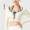 Top de Yoga Falso Duas Peças com Gola Halter para Mulheres, Manga Longa com Bojos, Top Esportivo Curto com Acabamento Color-Blocking, Top Versátil para Fitness