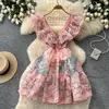Vestido Floral Sem Manga Estilo Coreano Expondo a Cintura para Mulheres, Vestido de Verão com Babados, Decote V, Cintura Alta, Corte A, Vestido Rosa para o Dia a Dia