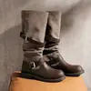 Botas Ocidentais Femininas 2026 Outono Novo Estilo com Salto Escondido, Botas de Cavaleiro com Fivela Dupla, Solado Grosso, Salto Plataforma, Botas Longas da Moda