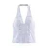 Amazon al por mayor ropa nueva de verano para mujer top versátil de rayas con cuello halter y escote en V sin mangas con decoración de botones 3152003