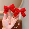 Horquilla para el pelo con lazo de cadena de perlas rojas festivas de Año Nuevo para niños, tocado de princesa para bebé, horquilla para niña con borlas y par de clips