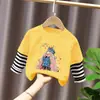 Camiseta de Manga Larga de Algodón Puro para Niñas, Estilo Nuevo de Primavera y Otoño, Falsa Dos Piezas, Patchwork Rayado, Top Dulce y Lindo, Cuello Redondo, Camiseta Base