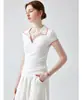 Camiseta de manga corta ajustada con bordado en bloques de color estilo francés, diseño original para mujer, top de punto tipo polo ajustado de verano