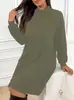 Roupas Femininas Plus Size Outono e Inverno 2025 Novo Vestido Tricô de Cor Sólida com Gola Alta e Manga Longa, Tamanho Extra Grande, Estilo Mid-Length com Ajuste na Cintura