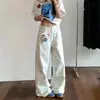 Jeans Rectos Bordados de Gatito Blanco para Mujer, Pantalones de Pierna Ancha Finos de Verano, Cintura Alta, Caídos, Pantalones Largos