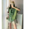 Muy recomendado: Brisa de verano, suaves ondulaciones, mezcla de lino verde estilo coreano, camisa casual de capas para mujer
