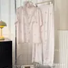 Pijama de Verano Moderno de Lunares Kt de Manga Corta y Pantalón Largo para Mujer, Conjunto Casual de Ropa de Casa de Seda de Hielo Estilo Francés para Mujer