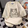Camiseta Estampada de Gato da Moda Manga Curta Meninos Verão Novo Solta Versátil Moda Ocidental Manga Meia-manga Gola Redonda Top